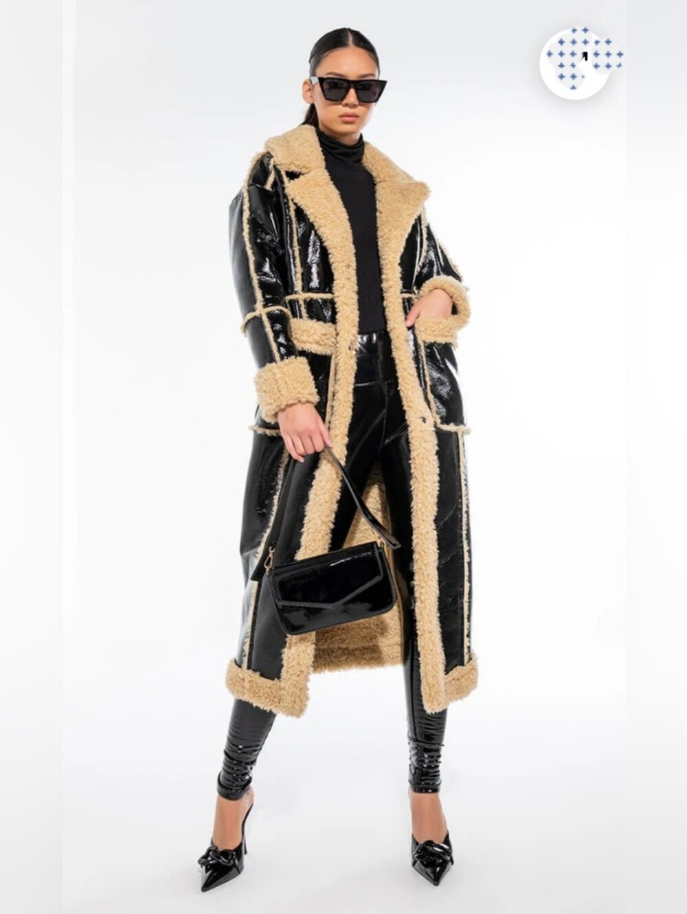 AZALEA WANG Long Patent Trench Coat With Fur Trim. Size: Medium.